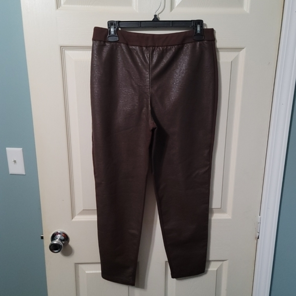 Joan Rivers Women's Petite Pants S/P Signature Knit Faux Leather‎ Brown a461883